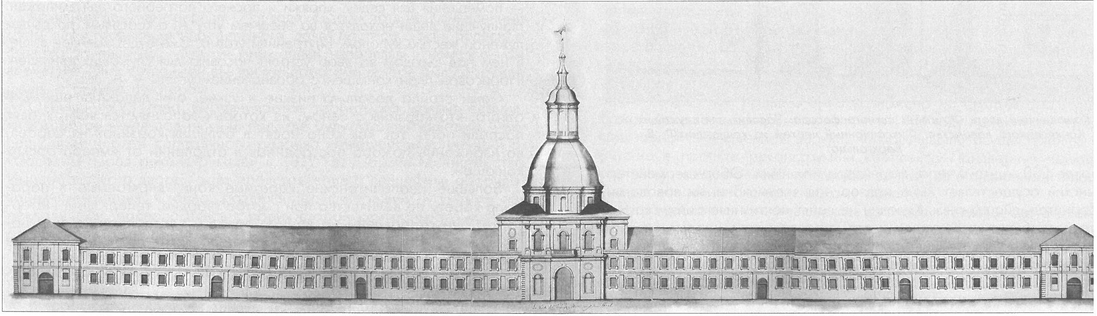 Чертёж длинного двухэтажного фасада с высокой башней и шпилем в центре