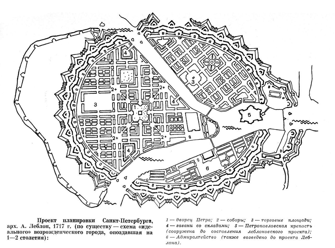 Схема проекта планировки Петербурга А. Леблона 1717 года — город в кольце бастионов, разделённый Невой