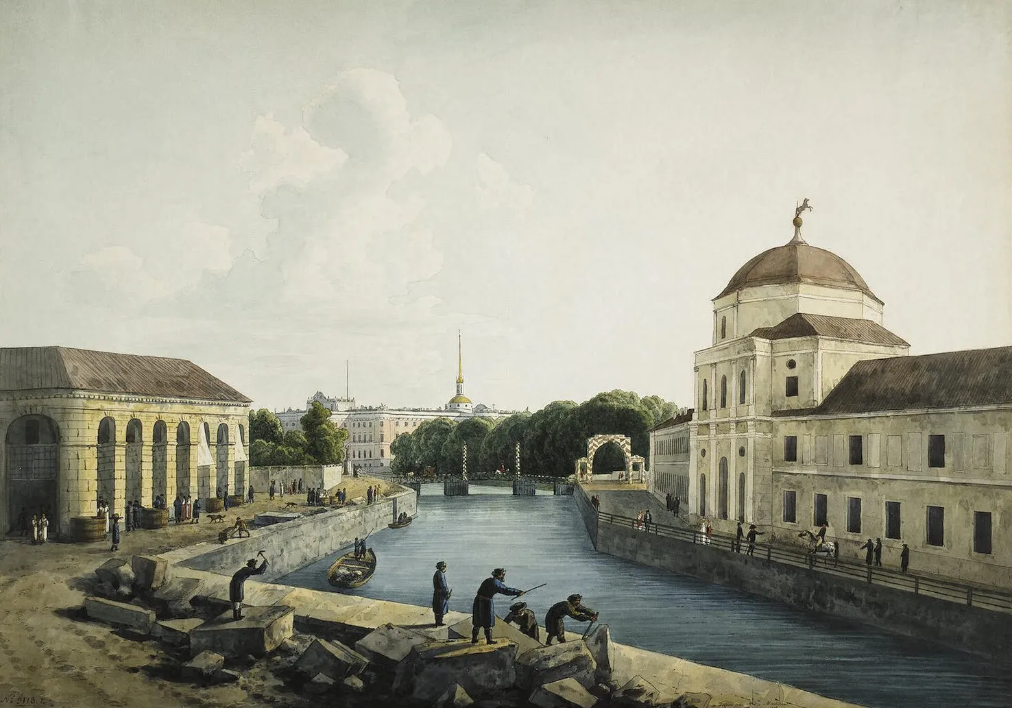 Акварель Мартынова 1809 года: Мойка у Конюшенного ведомства