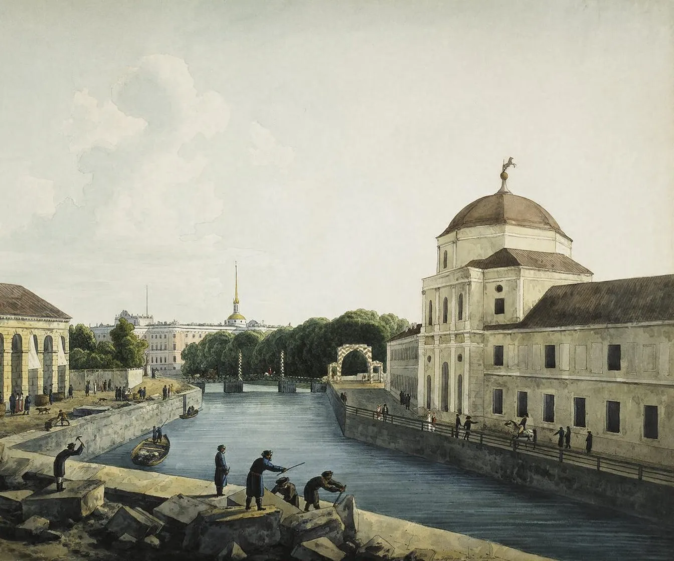Акварель Мартынова 1809 года: Мойка, справа здание с куполом