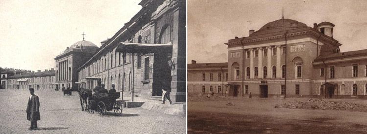 Две старые фотографии — улица вдоль корпусов конюшен с извозчиком и здание с куполом на площади
